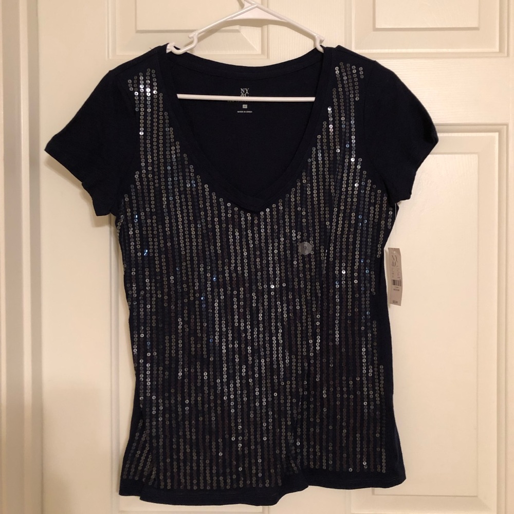 Navy Sequin Short Sleeve Tee- New York & Company